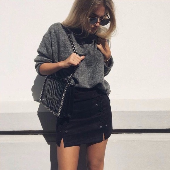 High Waist Faux Suede Lace Up Mini Skirt Black - Picture 3 of 6